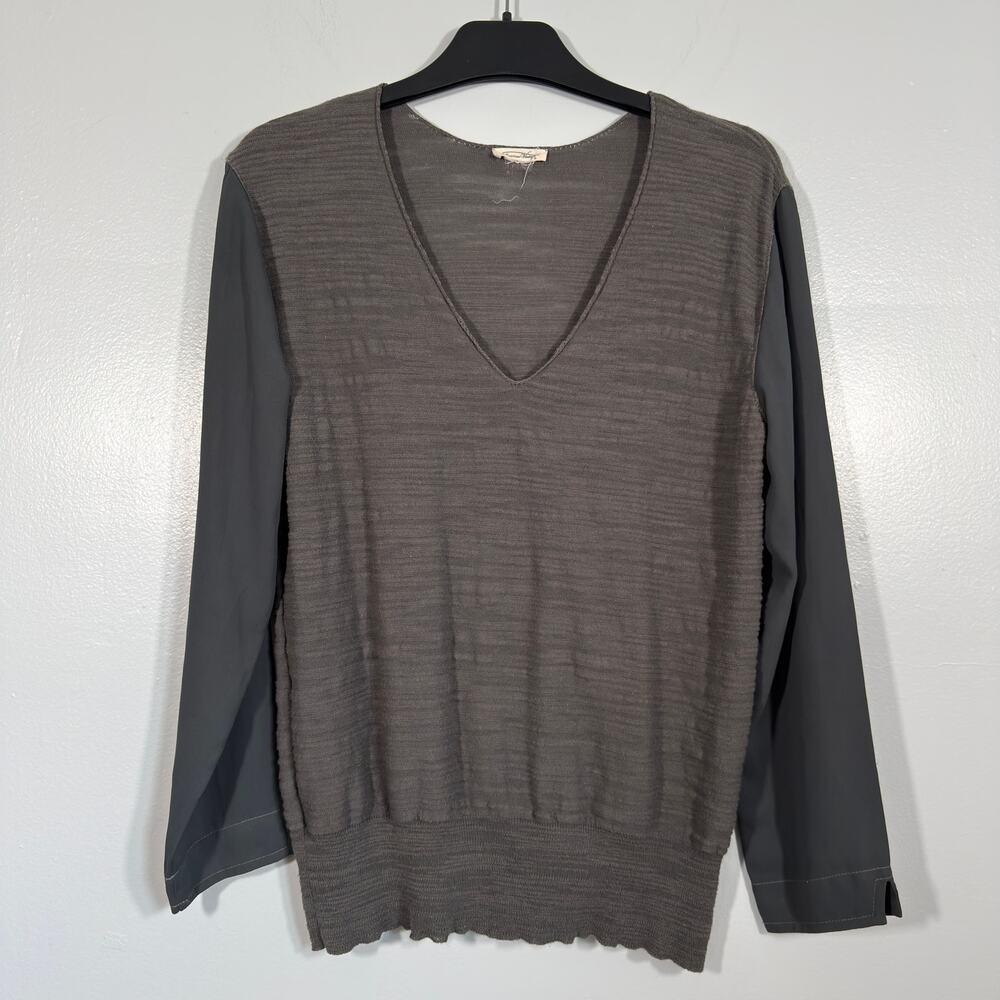 American Vintage V Neck Slub Cotton Grey Mixed Media Long Sleeve Top Small